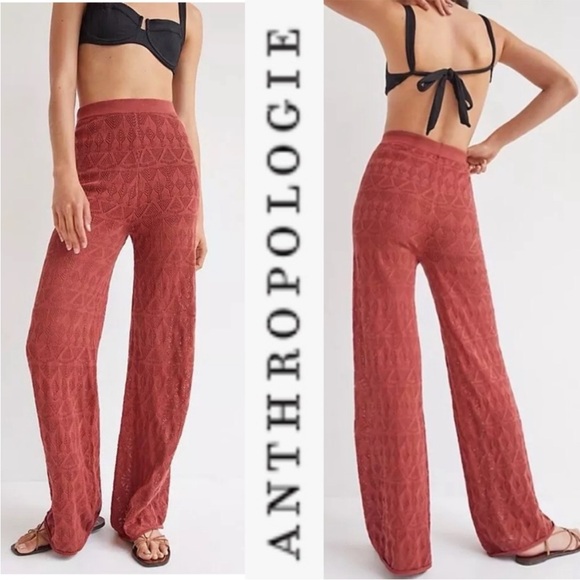 NWT Anthropologie Flat White Orange Rust Women's High Waist Pointelle Knit Pants - Picture 2 of 14